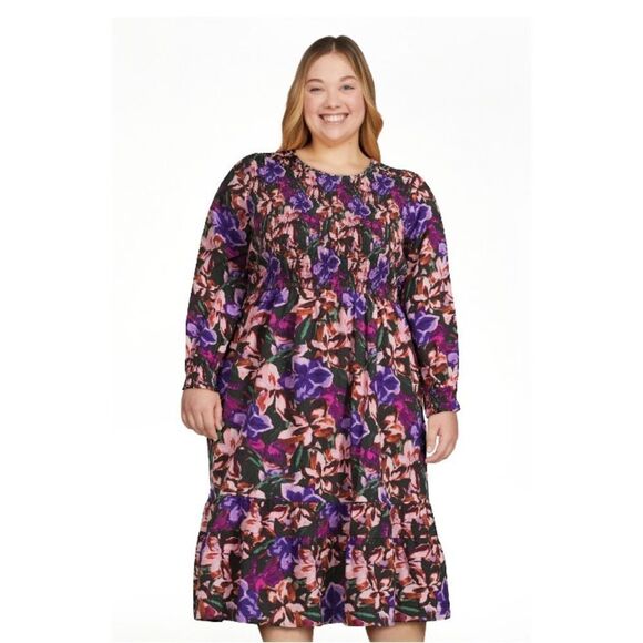 Women's Plus Size Tiered Peasant Floral Lightweight Comfy Midi Dress Size 2X - Picture 1 of 9